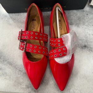 Red Pointed Toe Mary Jane Flats Double Buckle Studded Shoes Size 7 NEW